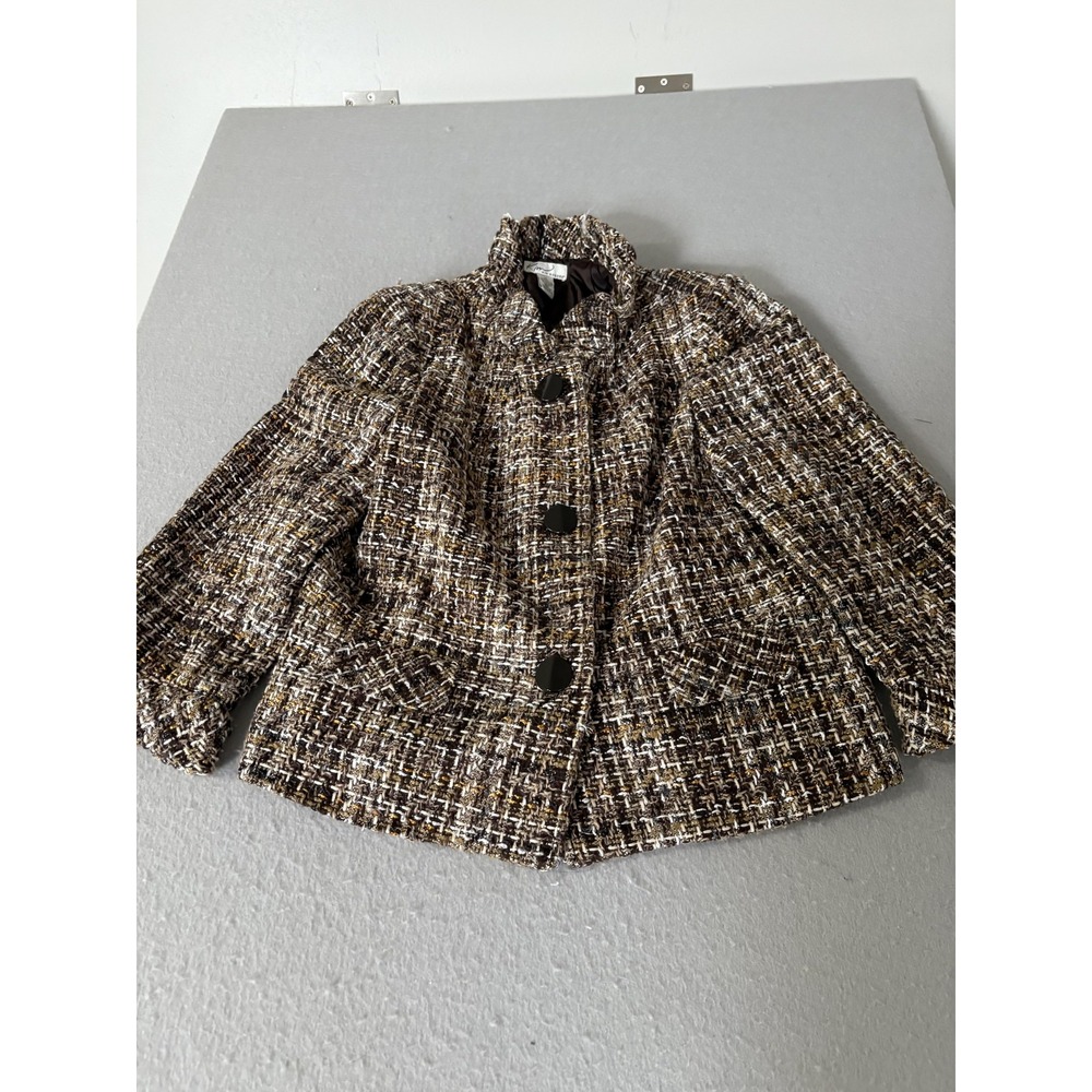 Kim Rogers Jacket Womens 14 Brown Black Tweed Boucle Button Front Ruffle Collar